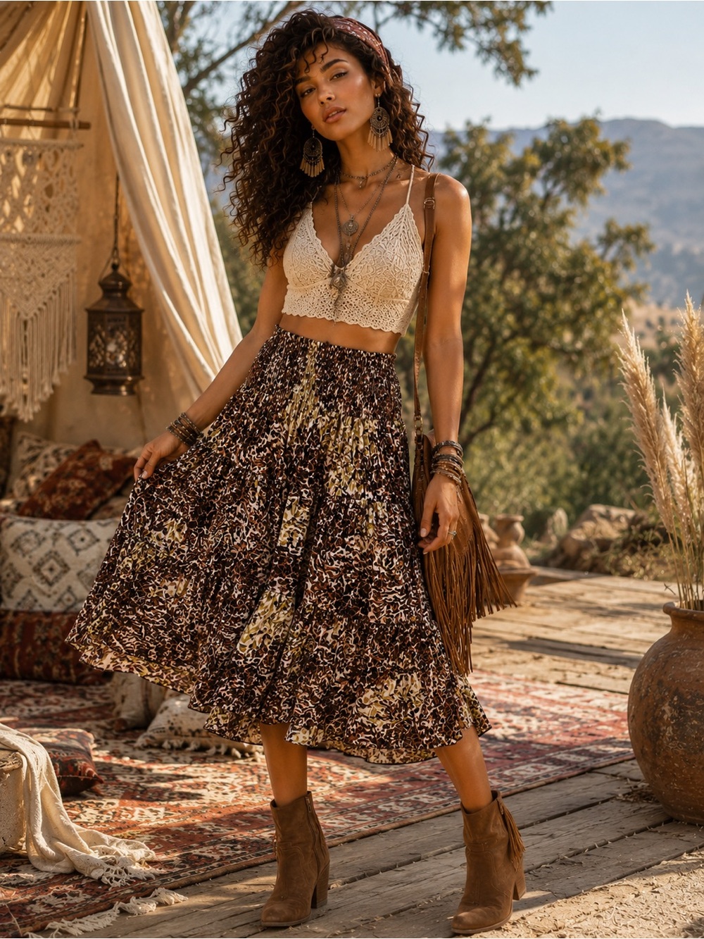 Boho Tiered Midi Skirt in Brown Floral Leopard Fluffy 100% Cotton